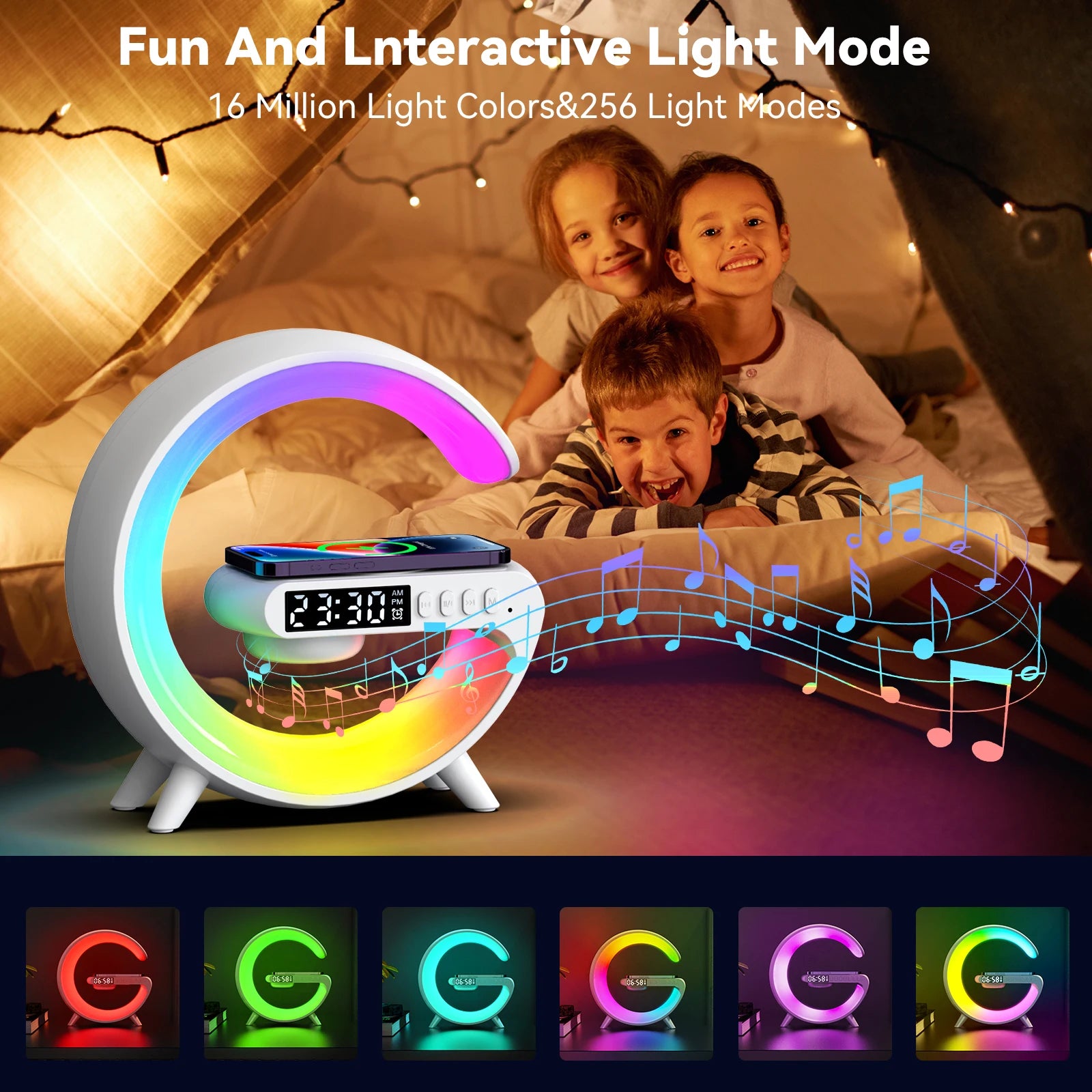 RGB G-Shaped Smart Alarm Clock – Speaker, Lamp & Phone Charger
