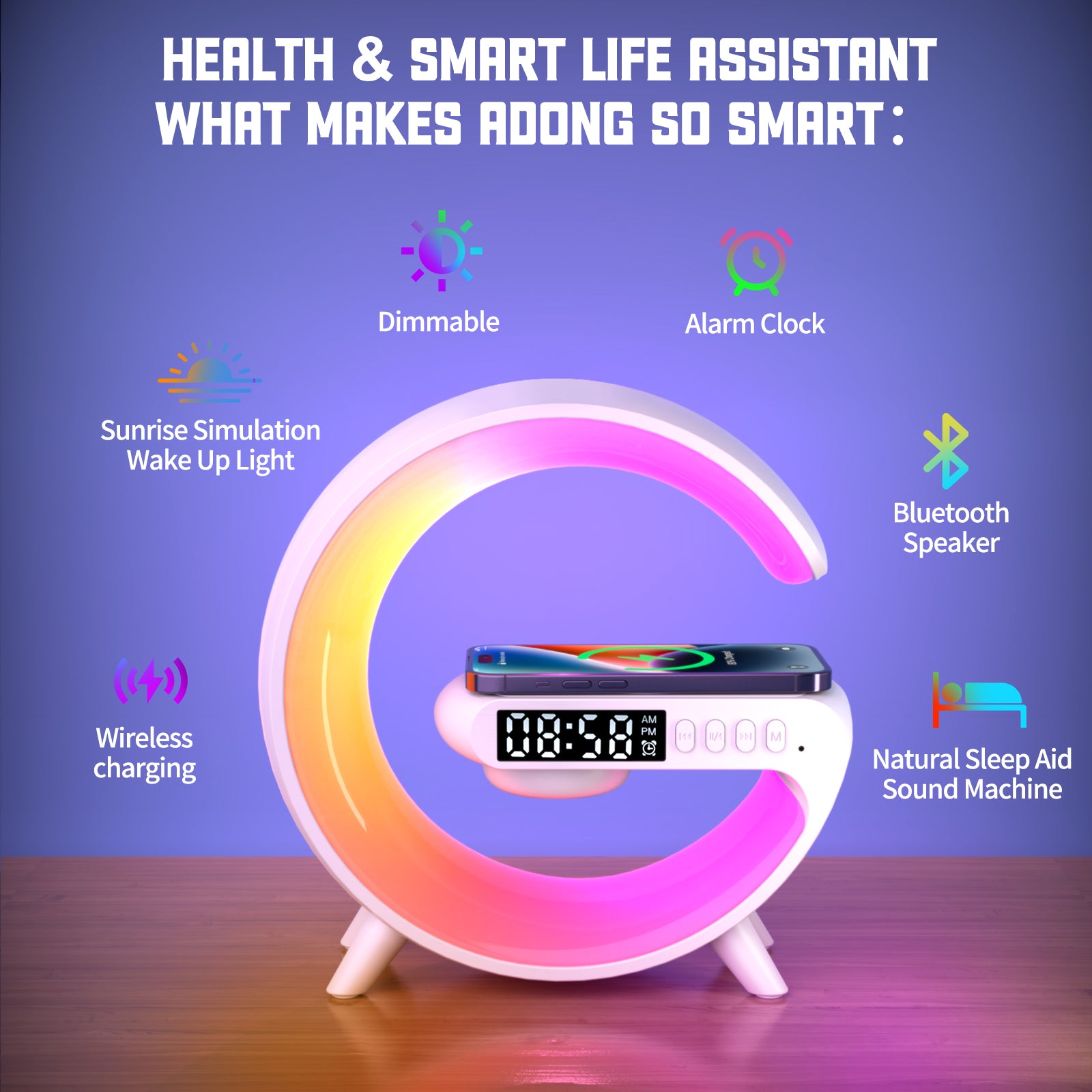 RGB G-Shaped Smart Alarm Clock – Speaker, Lamp & Phone Charger