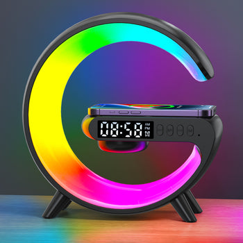 RGB G-Shaped Smart Alarm Clock – Speaker, Lamp & Phone Charger
